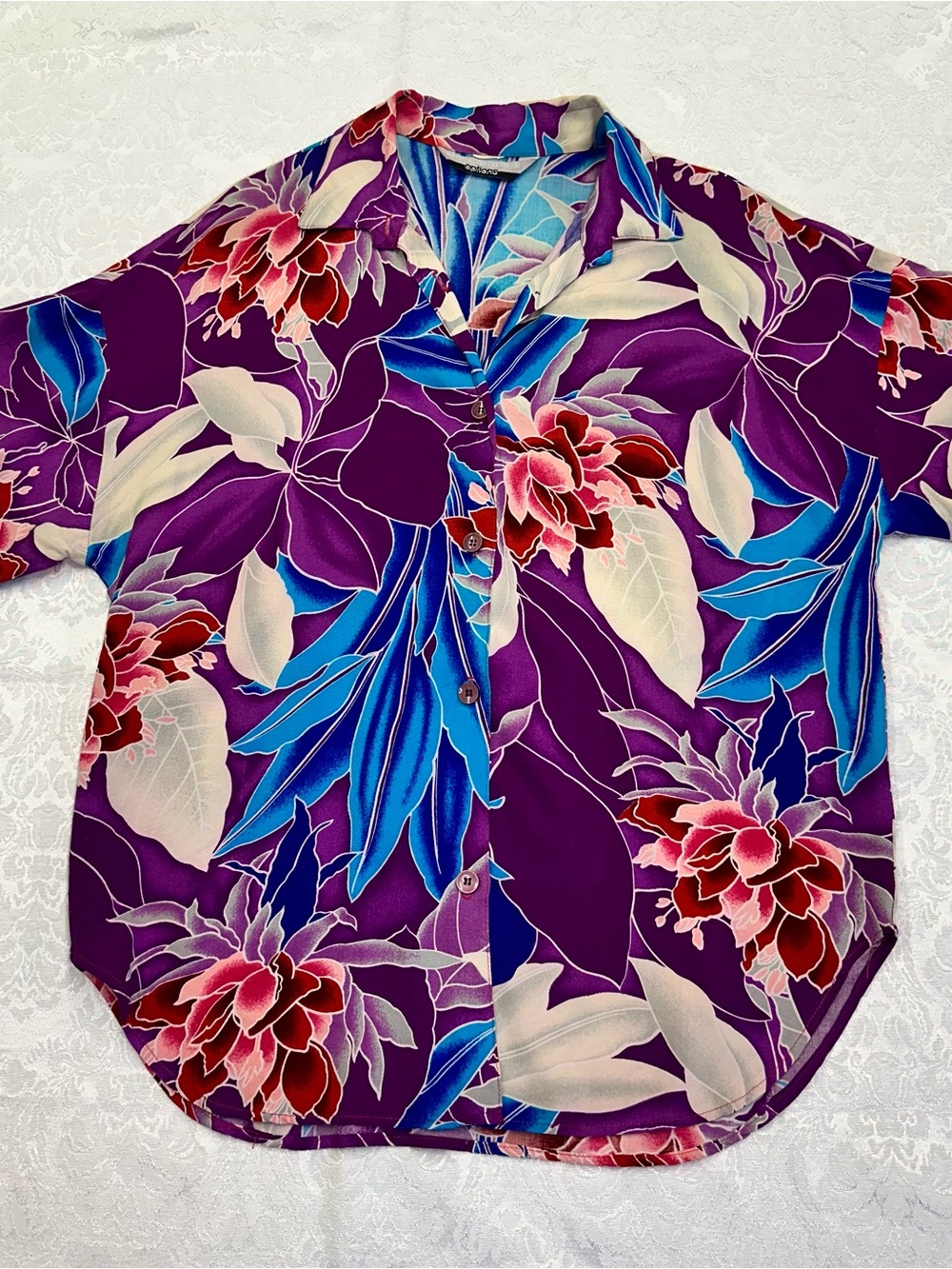 Vintage 90s Options Tropical Floral Button Up Shirt | Purple Hawaiian Blouse